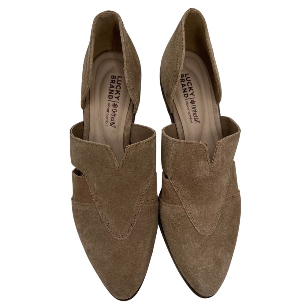 Lucky Brand Minnsy Cutout Heeled Mule Suede Leather Tan Beige Boho Shooties 7.5